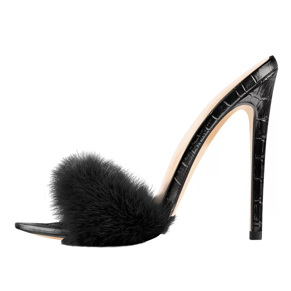 Black Feather High Heel Stilettos Sandals