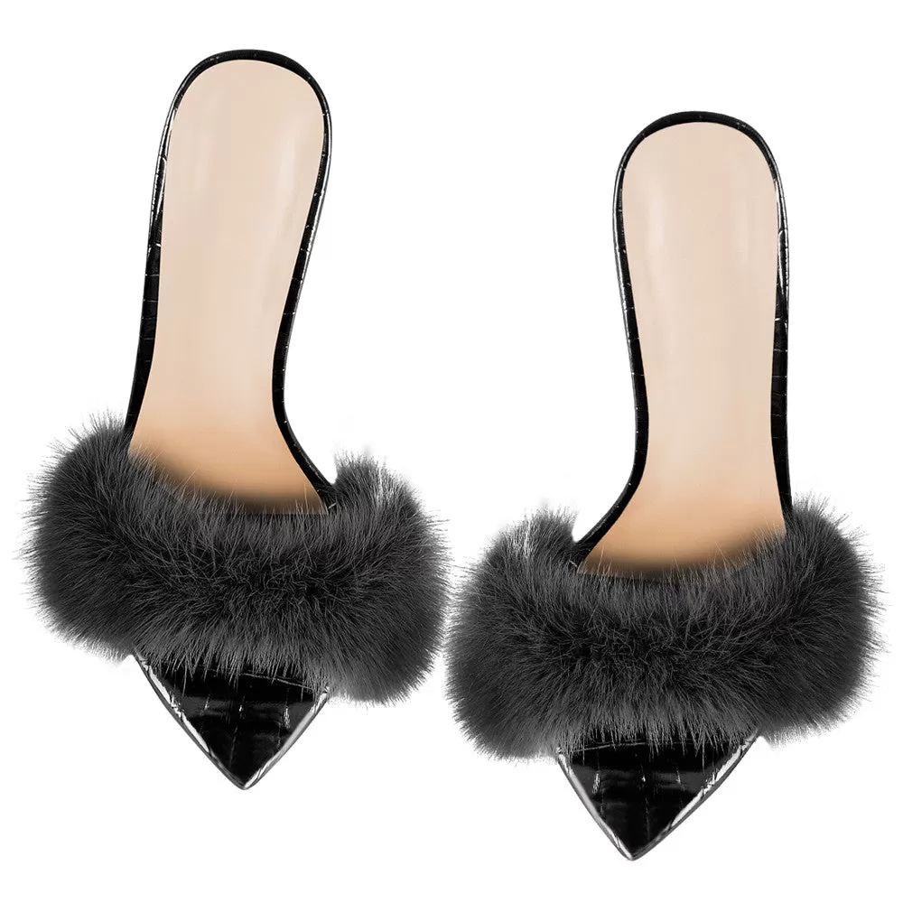 Black Feather High Heel Stilettos Sandals