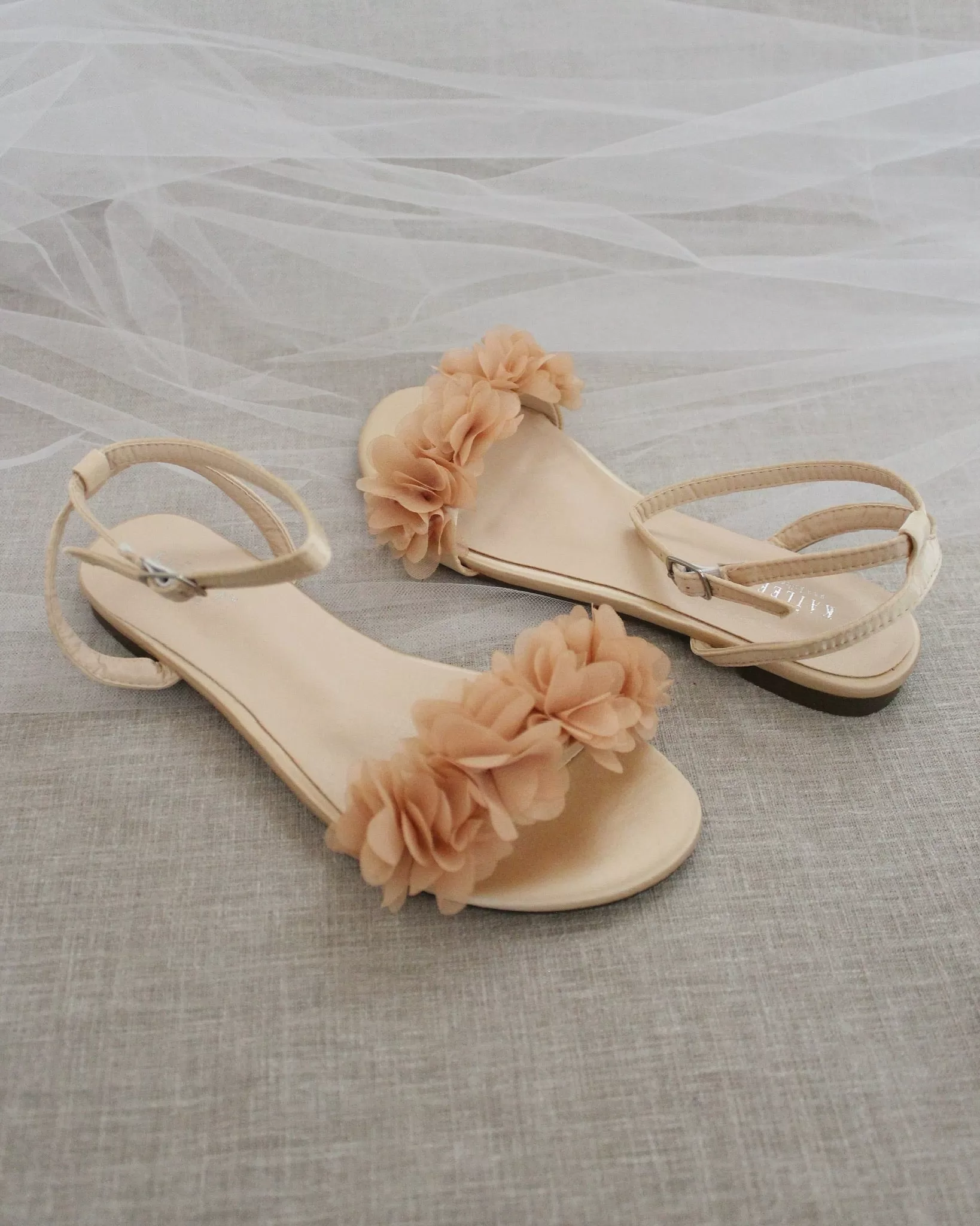 Champagne Satin Flat Sandal with Chiffon Flowers and Ankle Strap