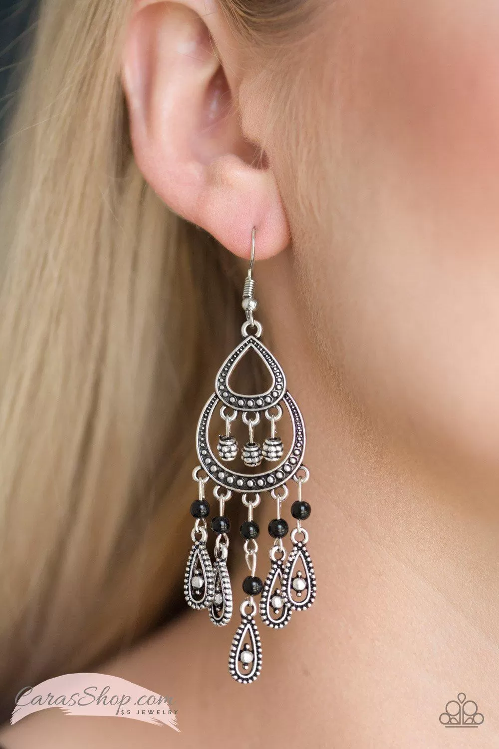 Eastern Excursion - Black and Silver Earrings - Paparazzi Accessories