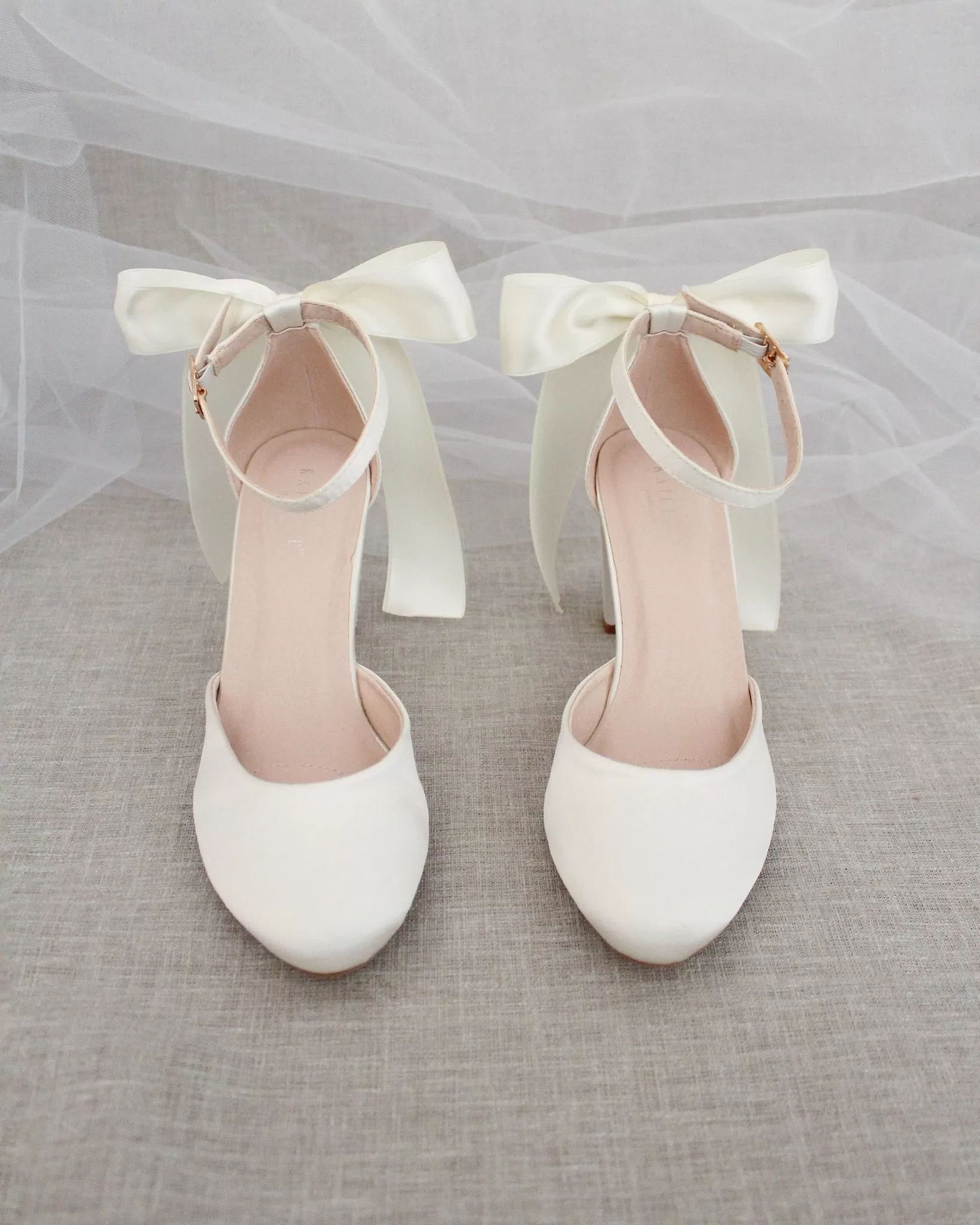 Ivory Satin Block Heel with Satin Back Bow