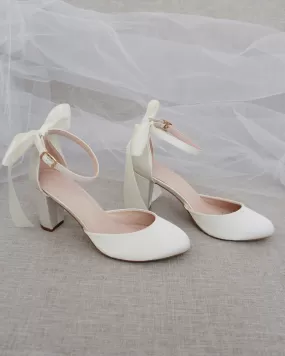 Ivory Satin Block Heel with Satin Back Bow