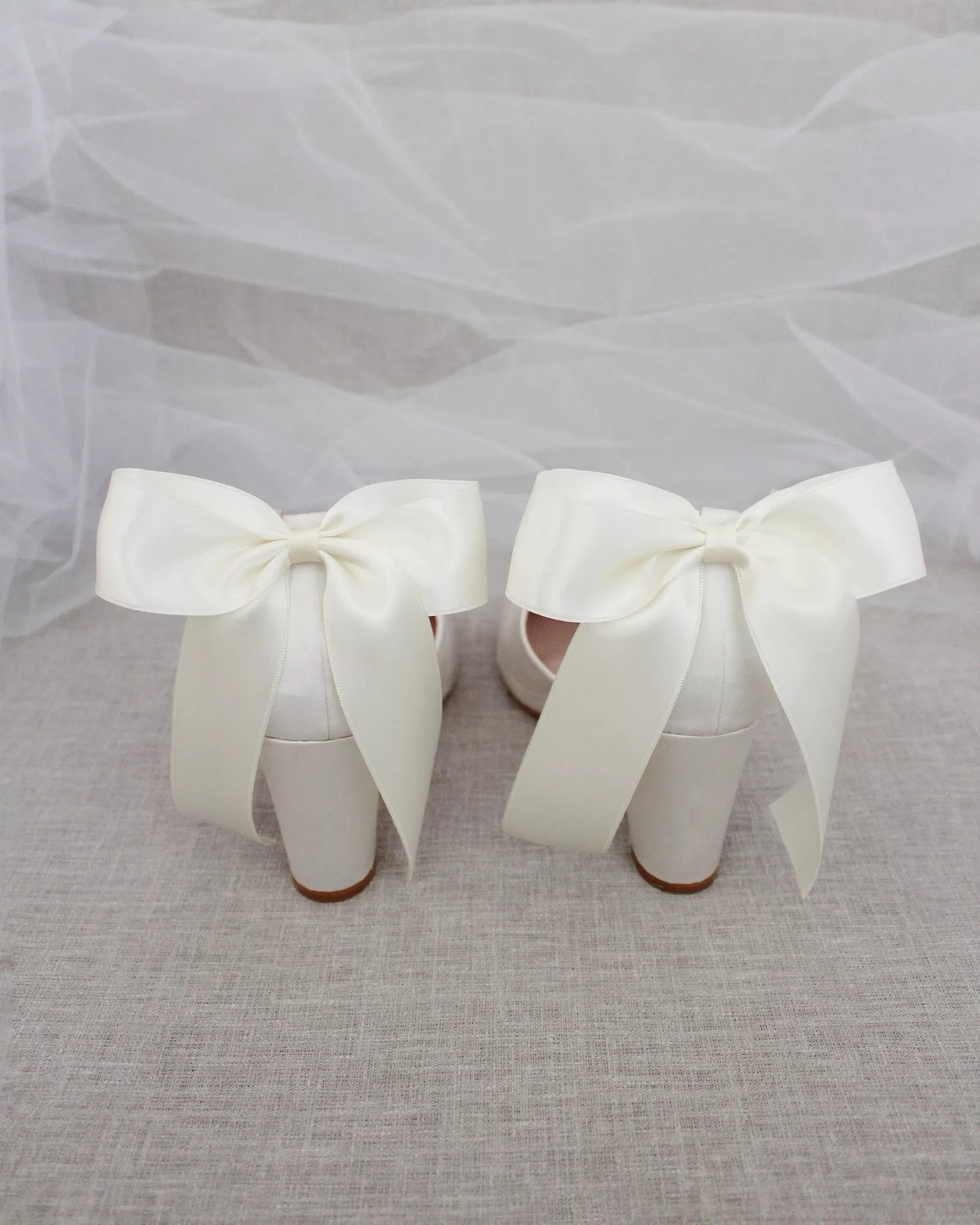 Ivory Satin Block Heel with Satin Back Bow