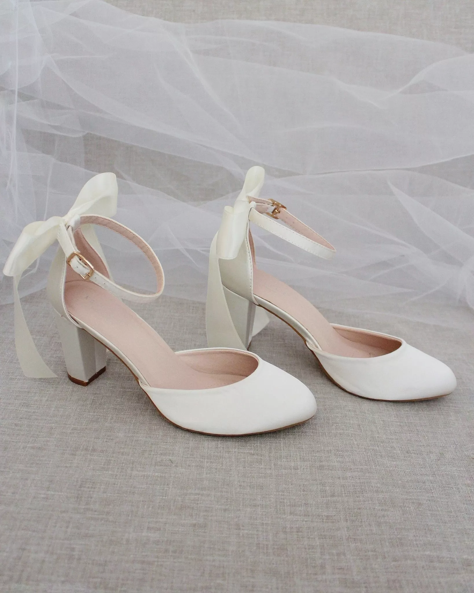 Ivory Satin Block Heel with Satin Back Bow