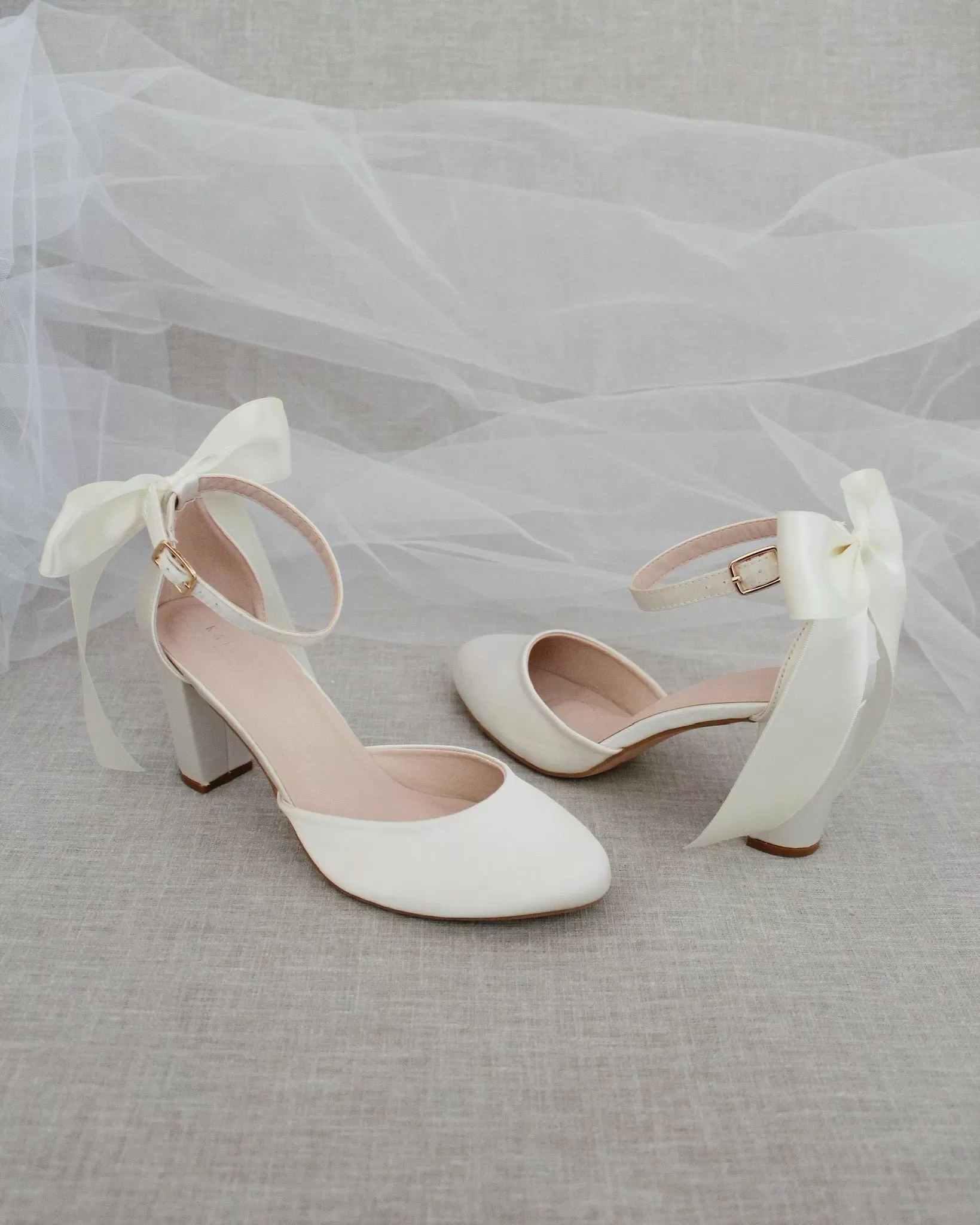 Ivory Satin Block Heel with Satin Back Bow