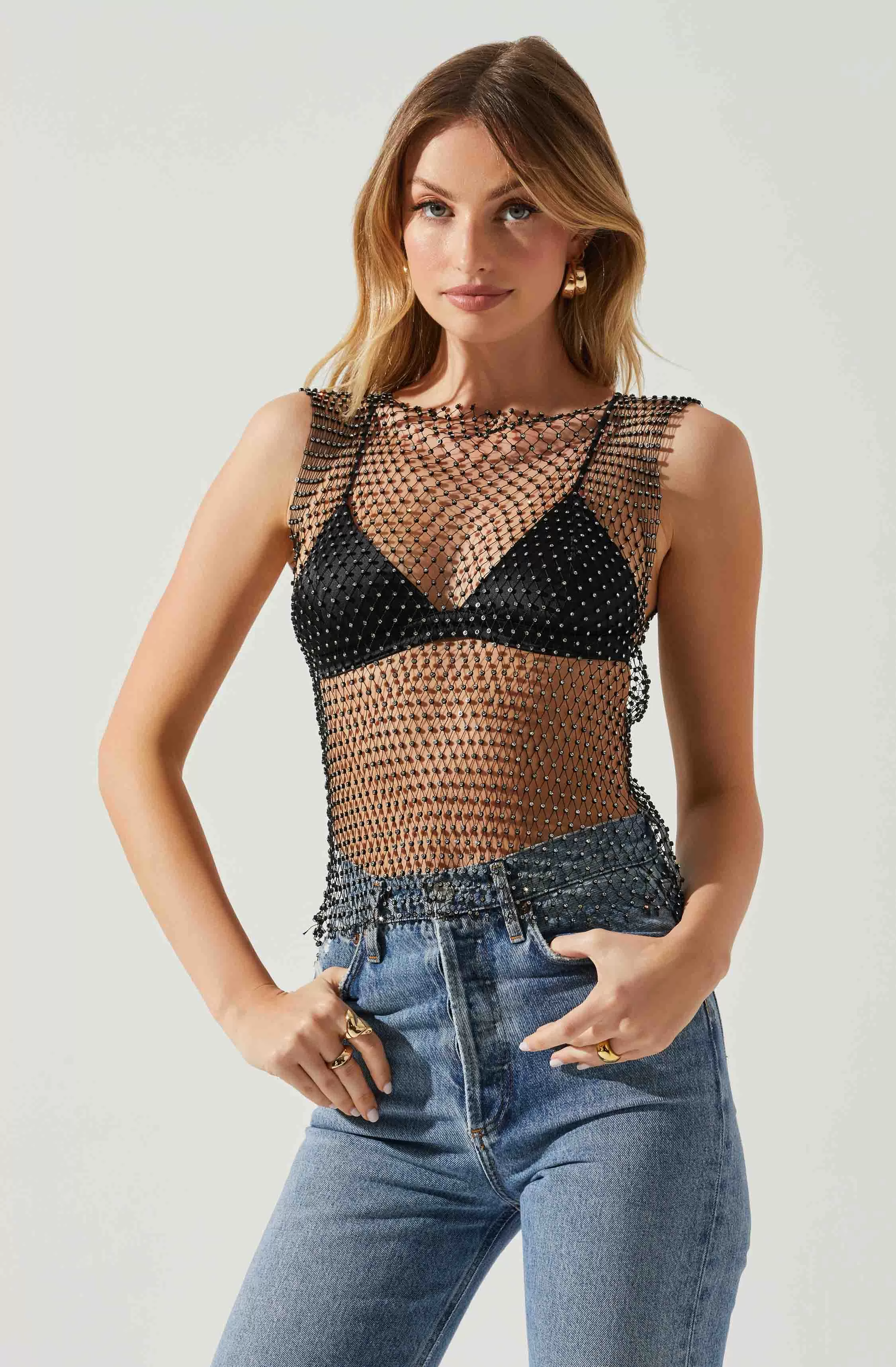 Julane Rhinestone Mesh Top