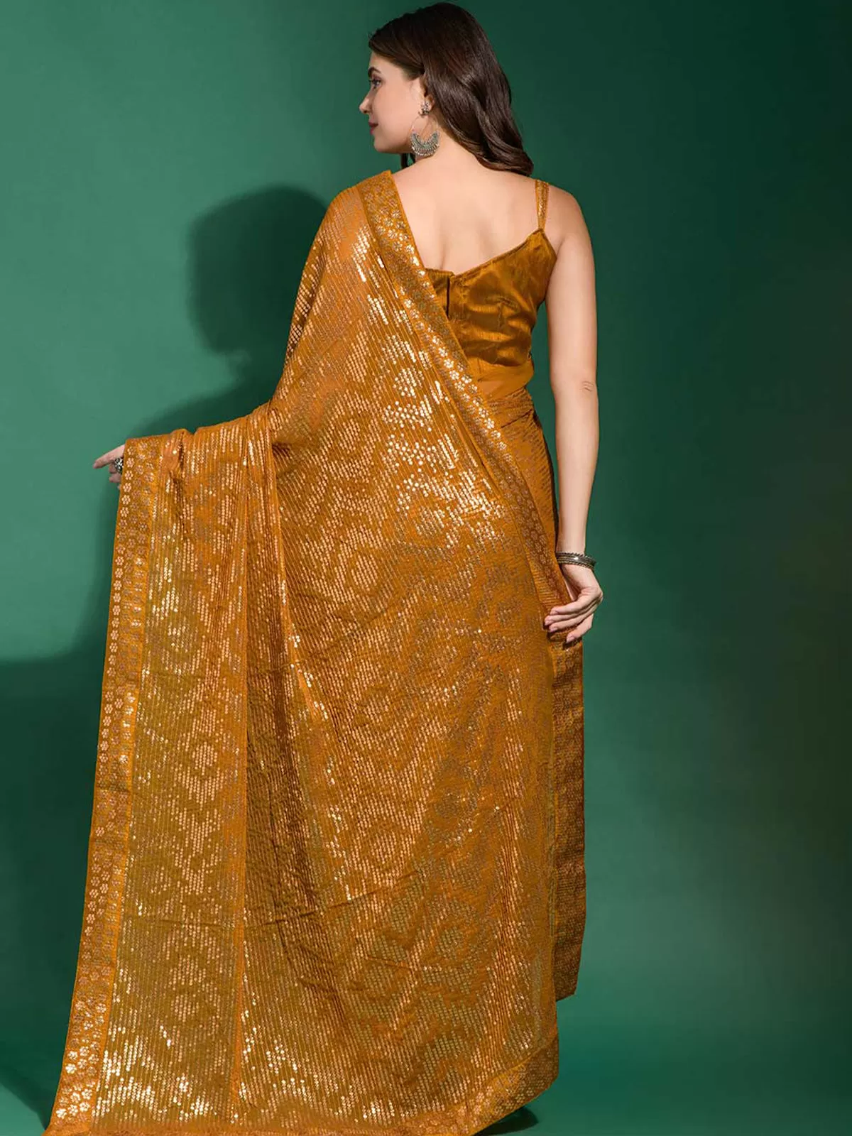 Odette Women Mustard Poly Georgette Saree With Blouse Piece