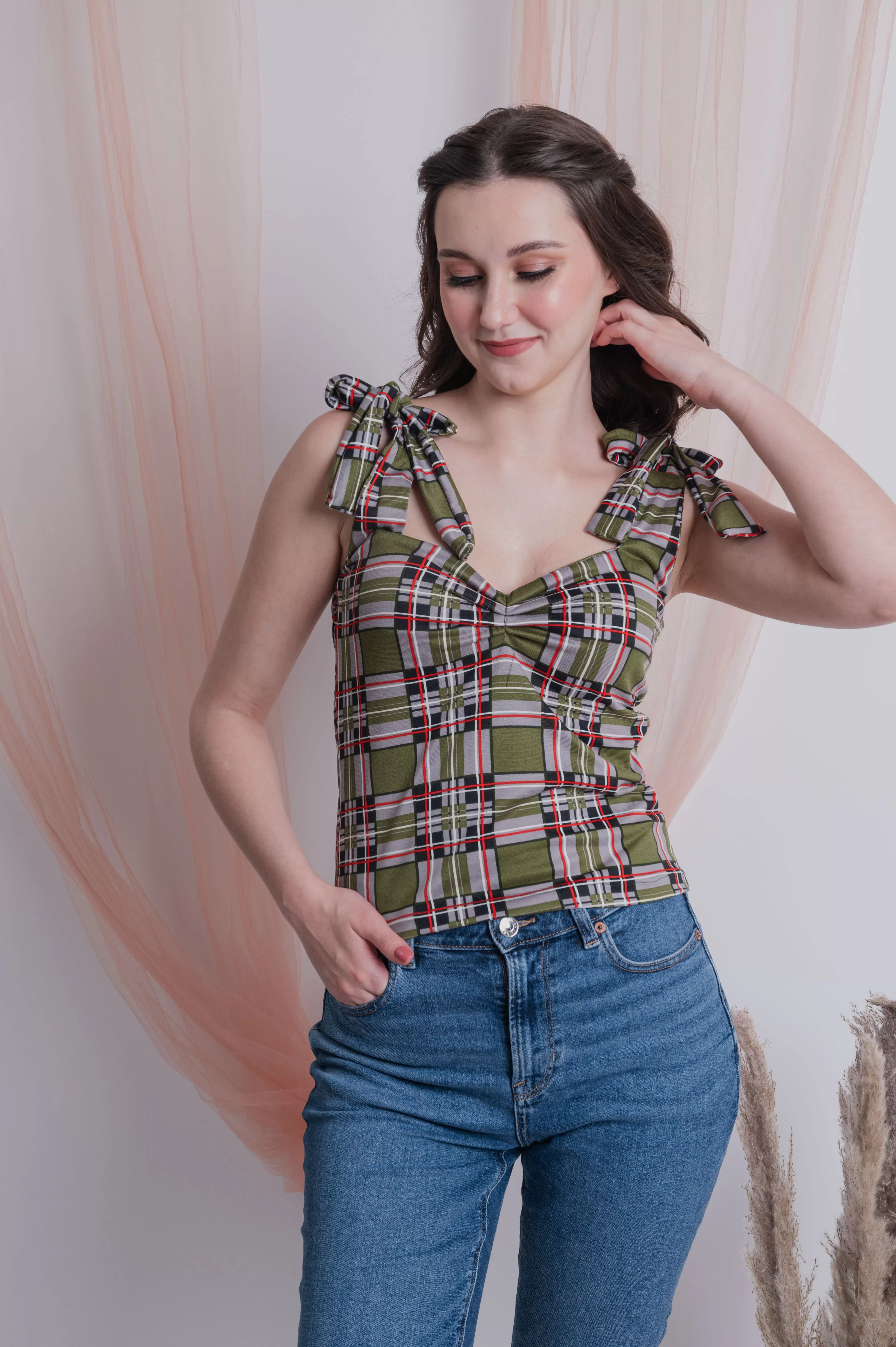 Self Tie Ribbon Top Green Checkered